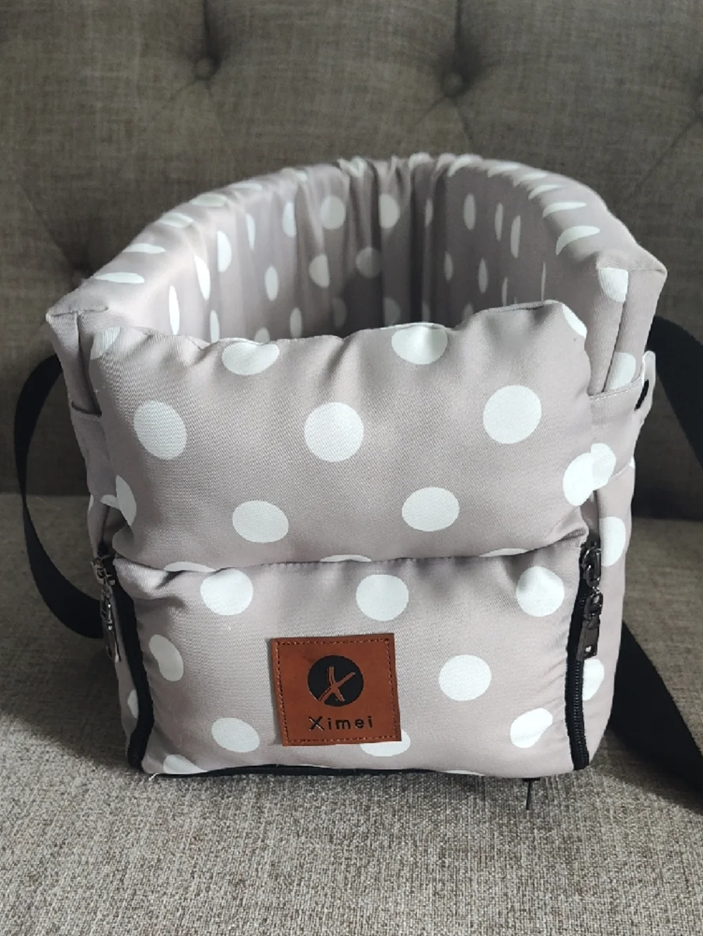 Polka Dot Gray Bicycle Pet Carrier With Insert And Collar Connector